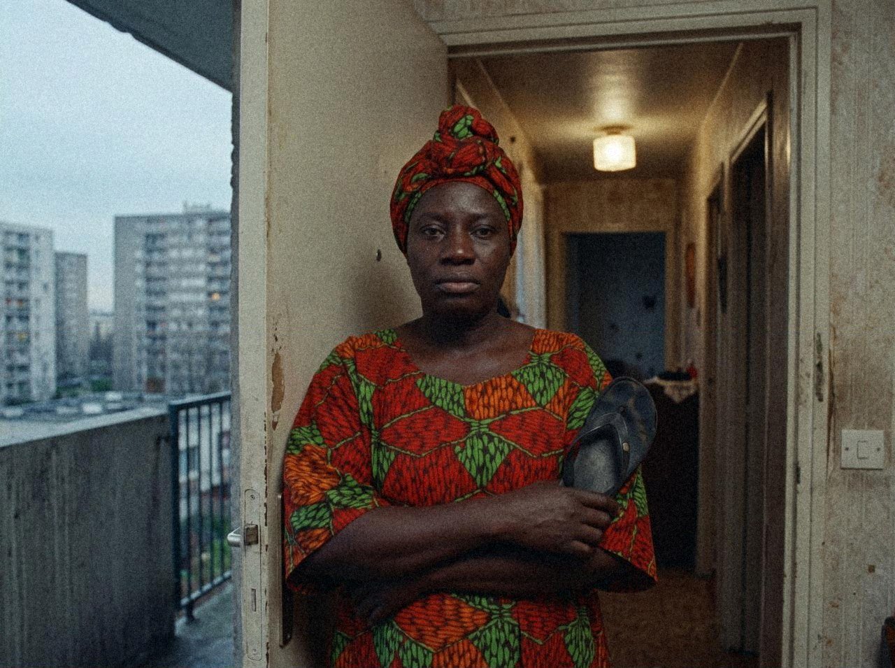 Madame Diallo in her doorway, arms crossed, slipper in hand